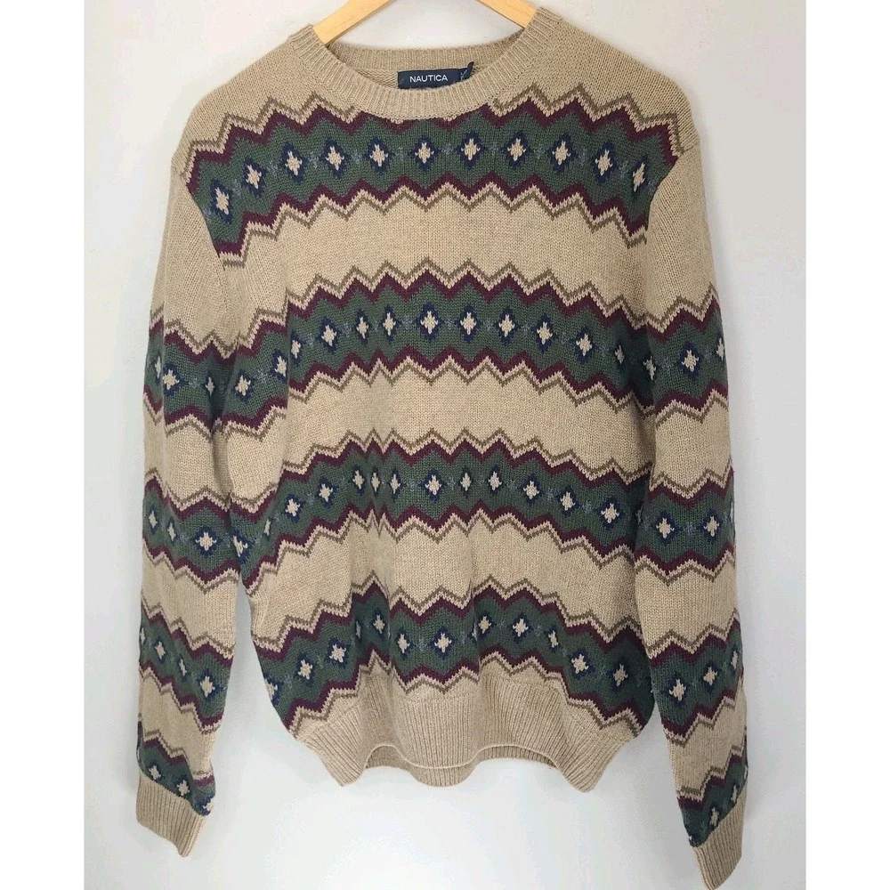 Nautica Fair Isle Sweater Mens M Wool Blend Nordic Ski Grandpa Knit Cozy